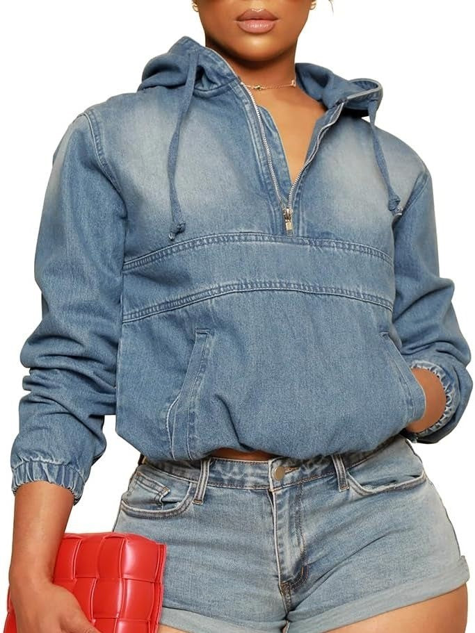 Women's Half Zip Denim Pullover Hoodie With Pockets