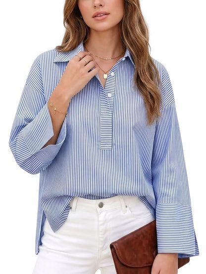 Women's Half Button Down Striped Blouse