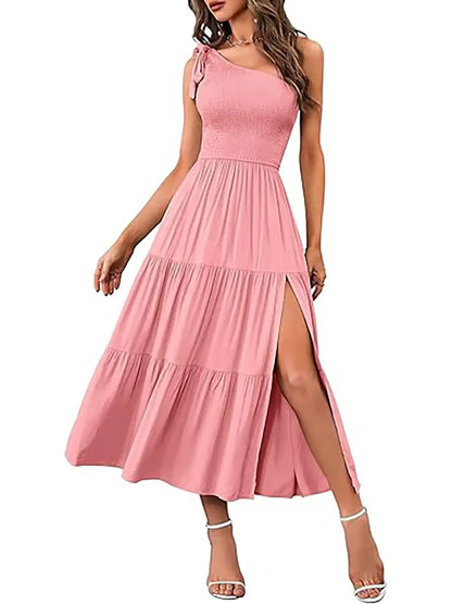 Bohemian Flowy Smocked Side Split Midi Dress