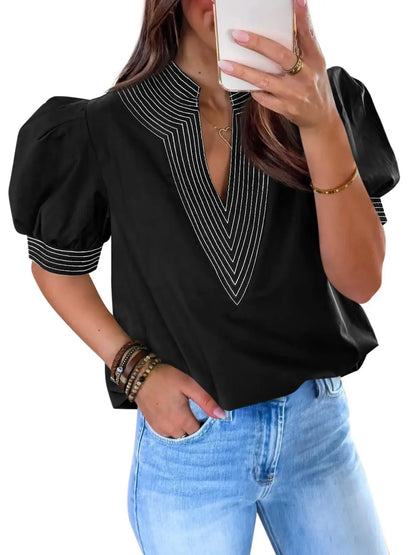 Women Contrast Stitch Stand Collar Puff Sleeve Casual Blouse