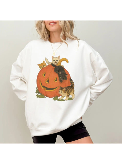 Women's Vintage Halloween Kitten Pumpkin Casual Pullover