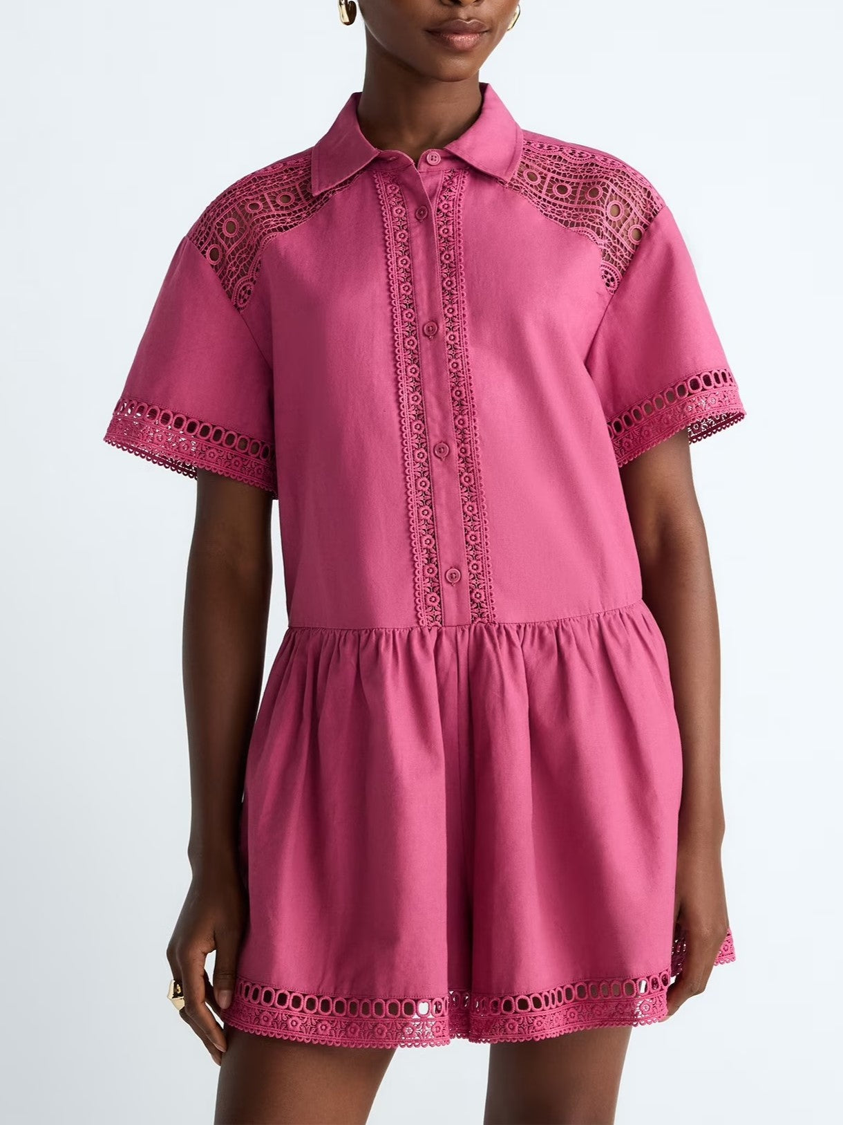 Women's Lace Panel Shirt Collar Romper