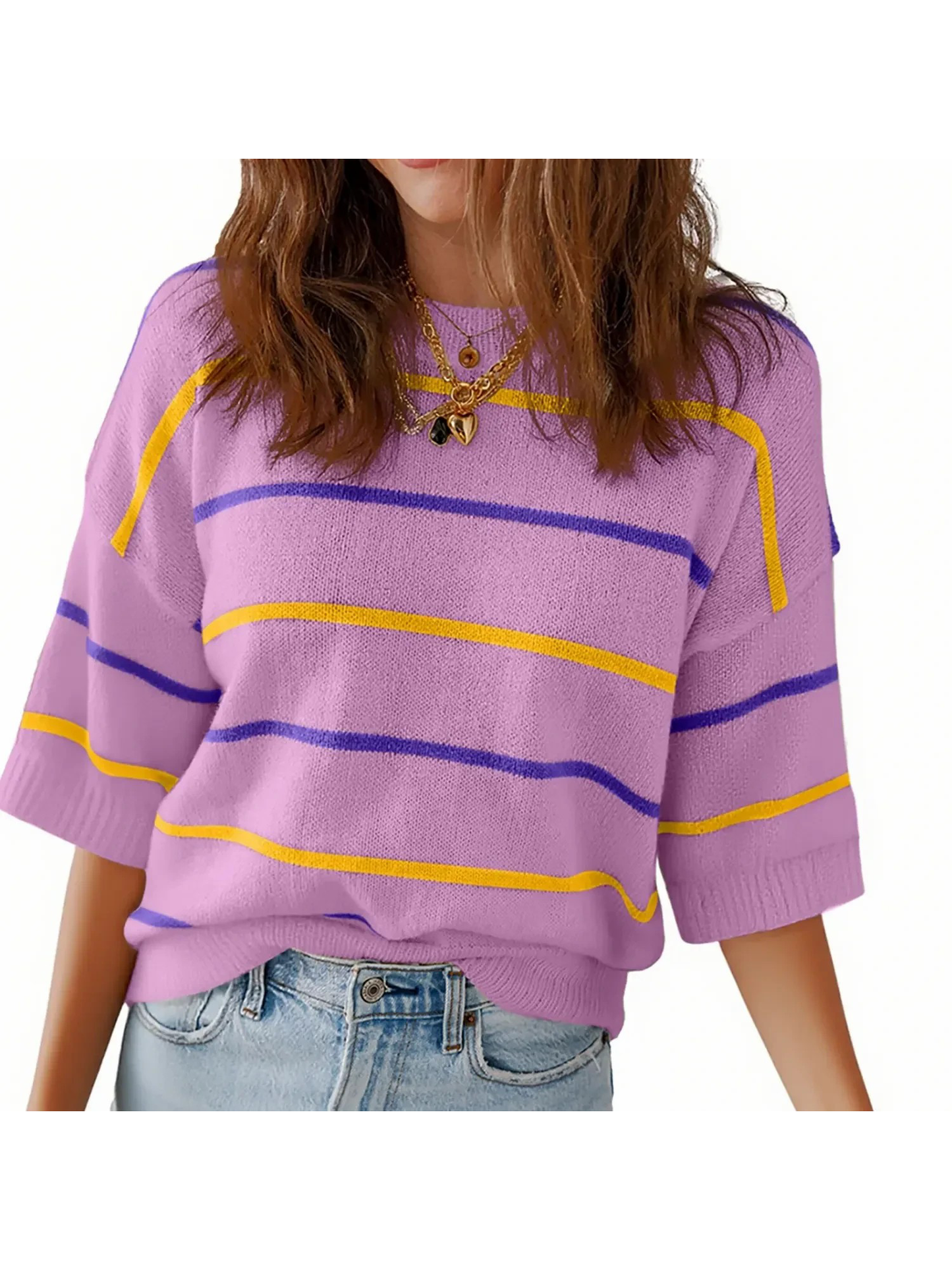 Women's Casual Half Sleeve Striped Knit Shirt