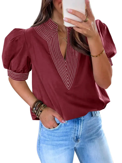 Women Contrast Stitch Stand Collar Puff Sleeve Casual Blouse