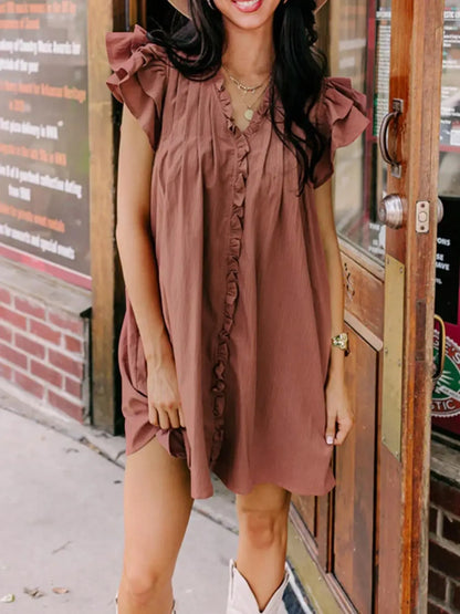 Women's Lightweight Frill Edge Flutter Sleeve Loose Casual Vacation Dress