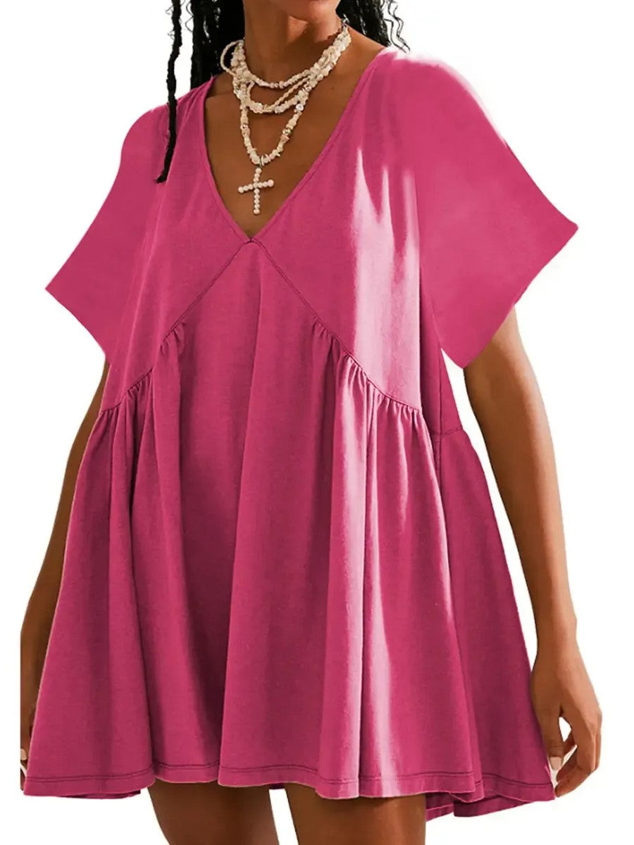 Women's V Neck Flowy Mini Babydoll Dress