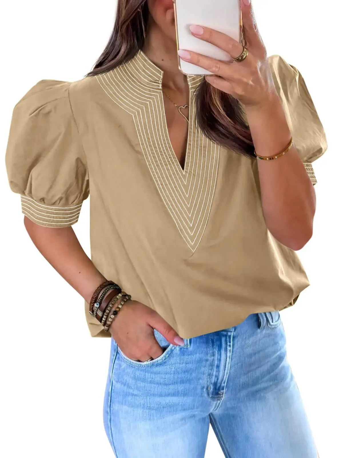 Women Contrast Stitch Stand Collar Puff Sleeve Casual Blouse