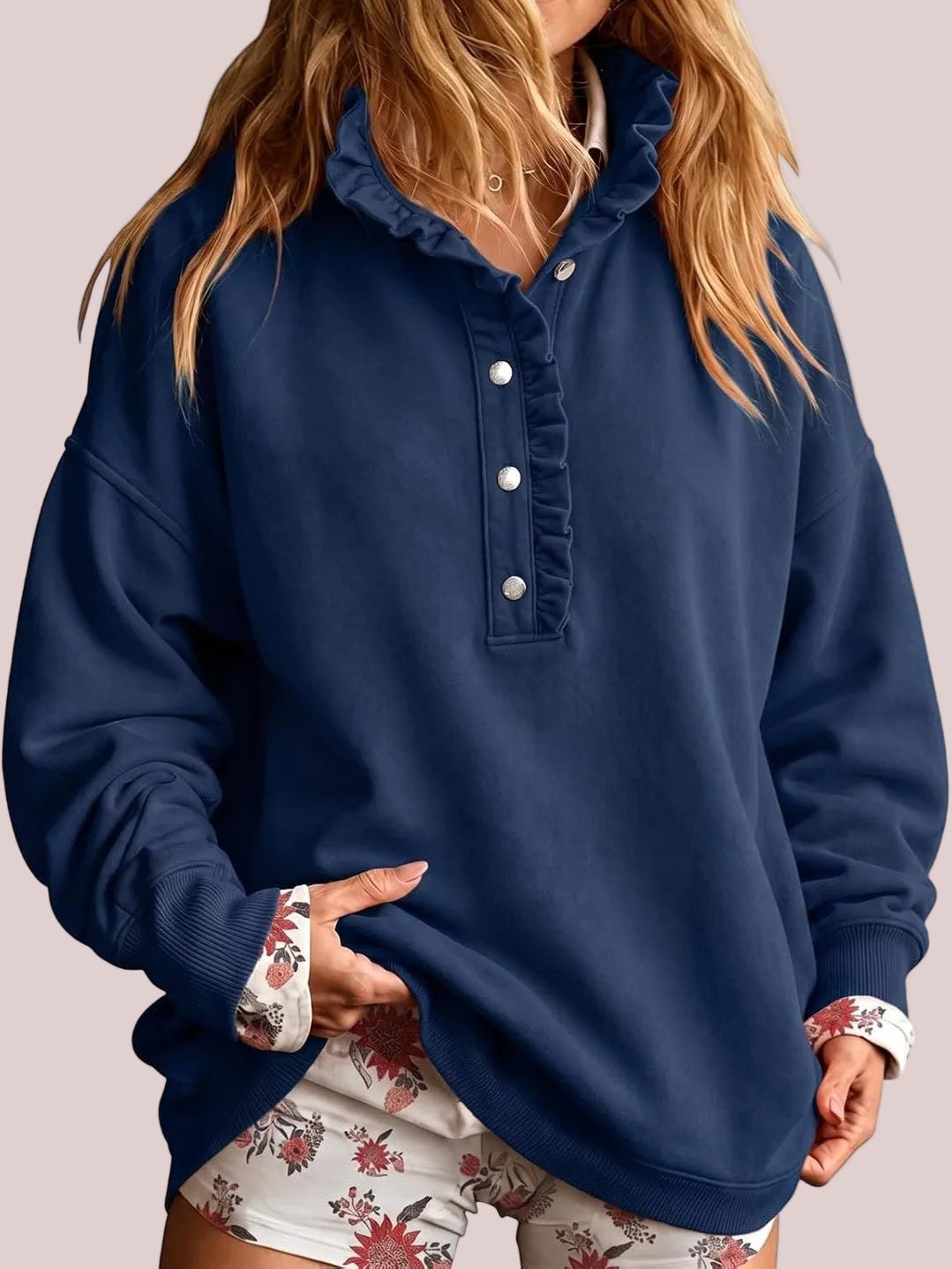 Women's Ruffle Collar Henley Oversized Sweatshirt