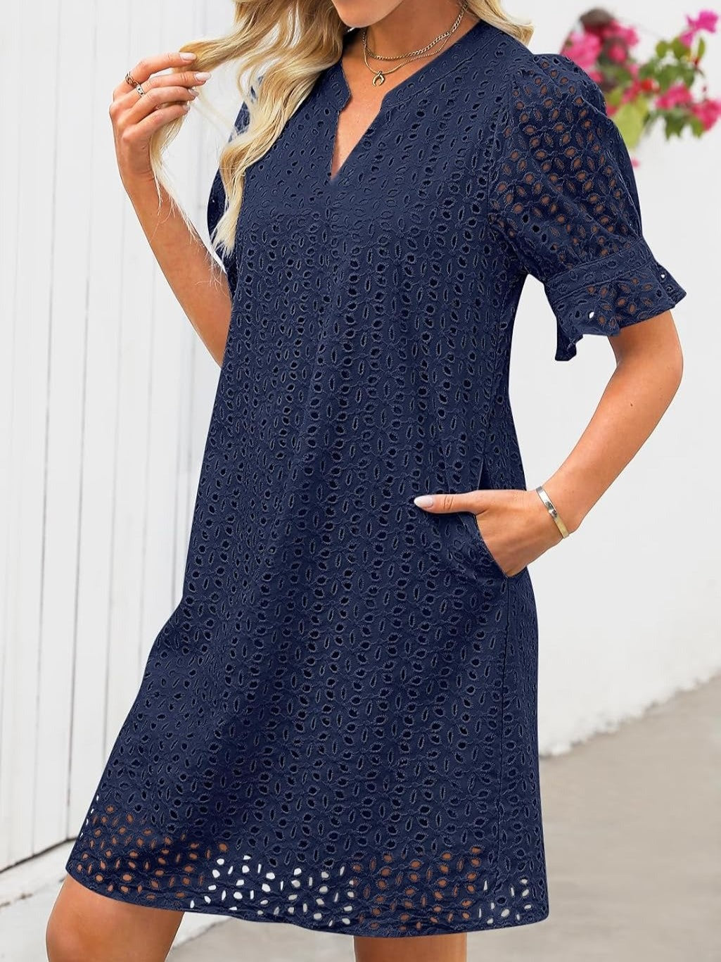 Flounce Sleeve Eyelet Tunic Dress for Women