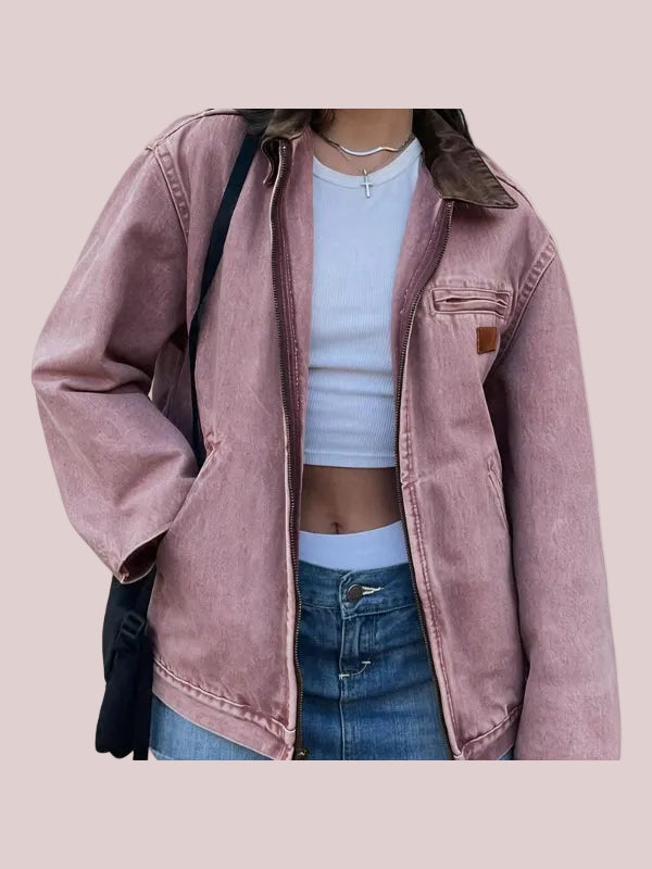 Women's Vintage Contrast Collar Zip Up Jacket