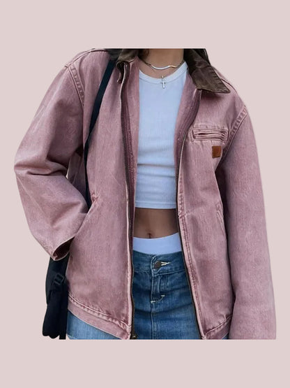 Women's Vintage Contrast Collar Zip Up Jacket