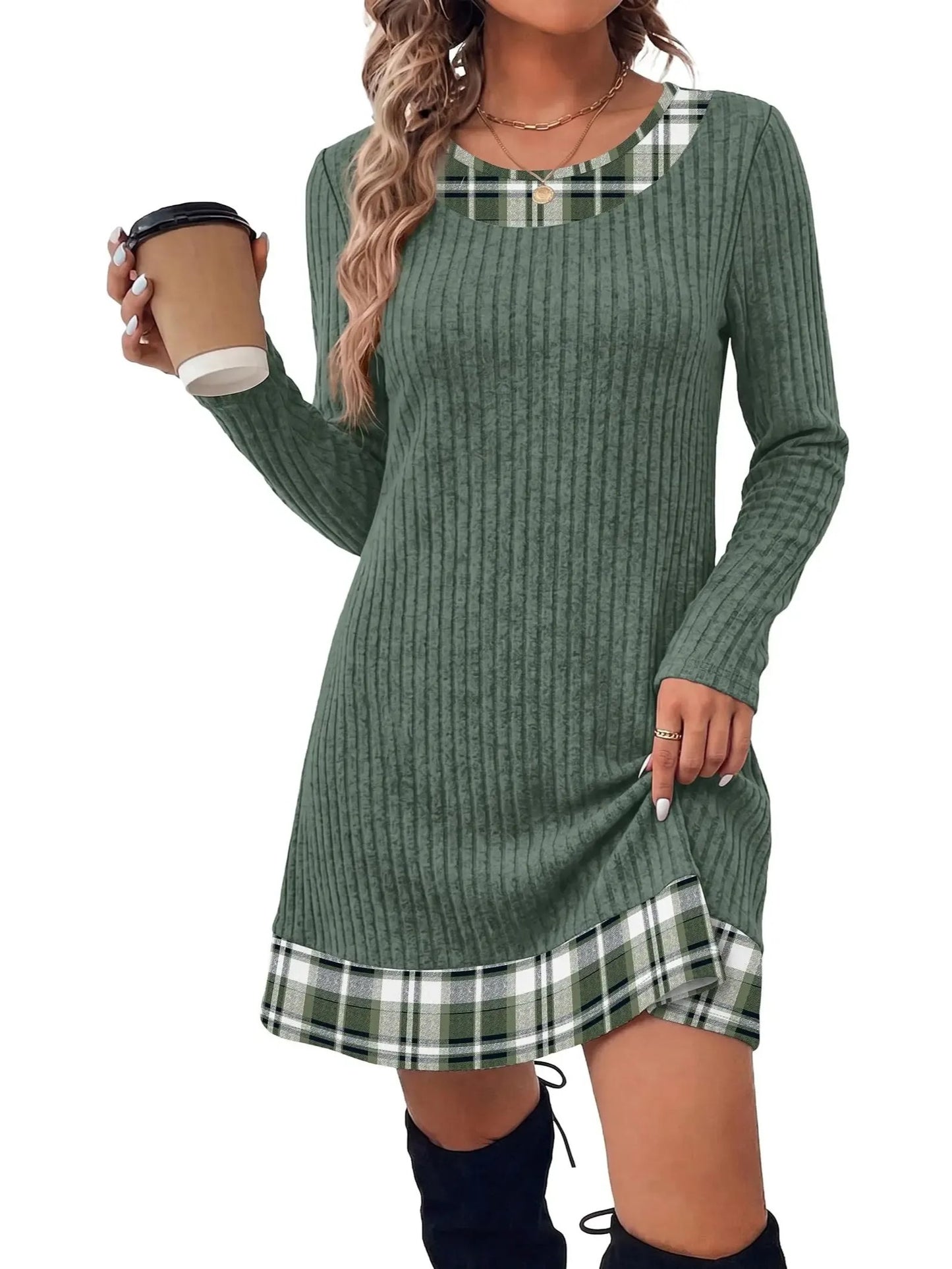 Women's Knit Textured Contrast Collar Tunic Dress
