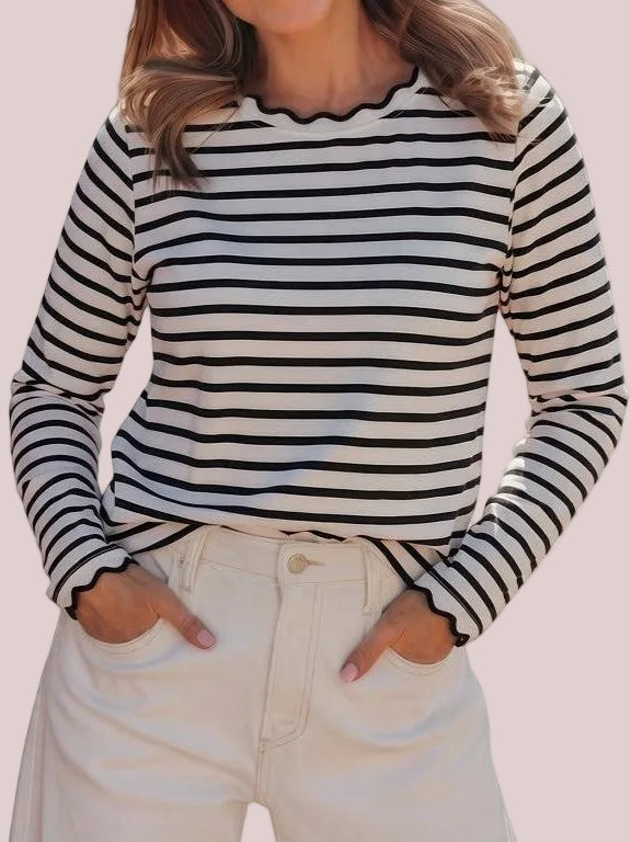 Women's Scallop Trim Striped Long Sleeve Top