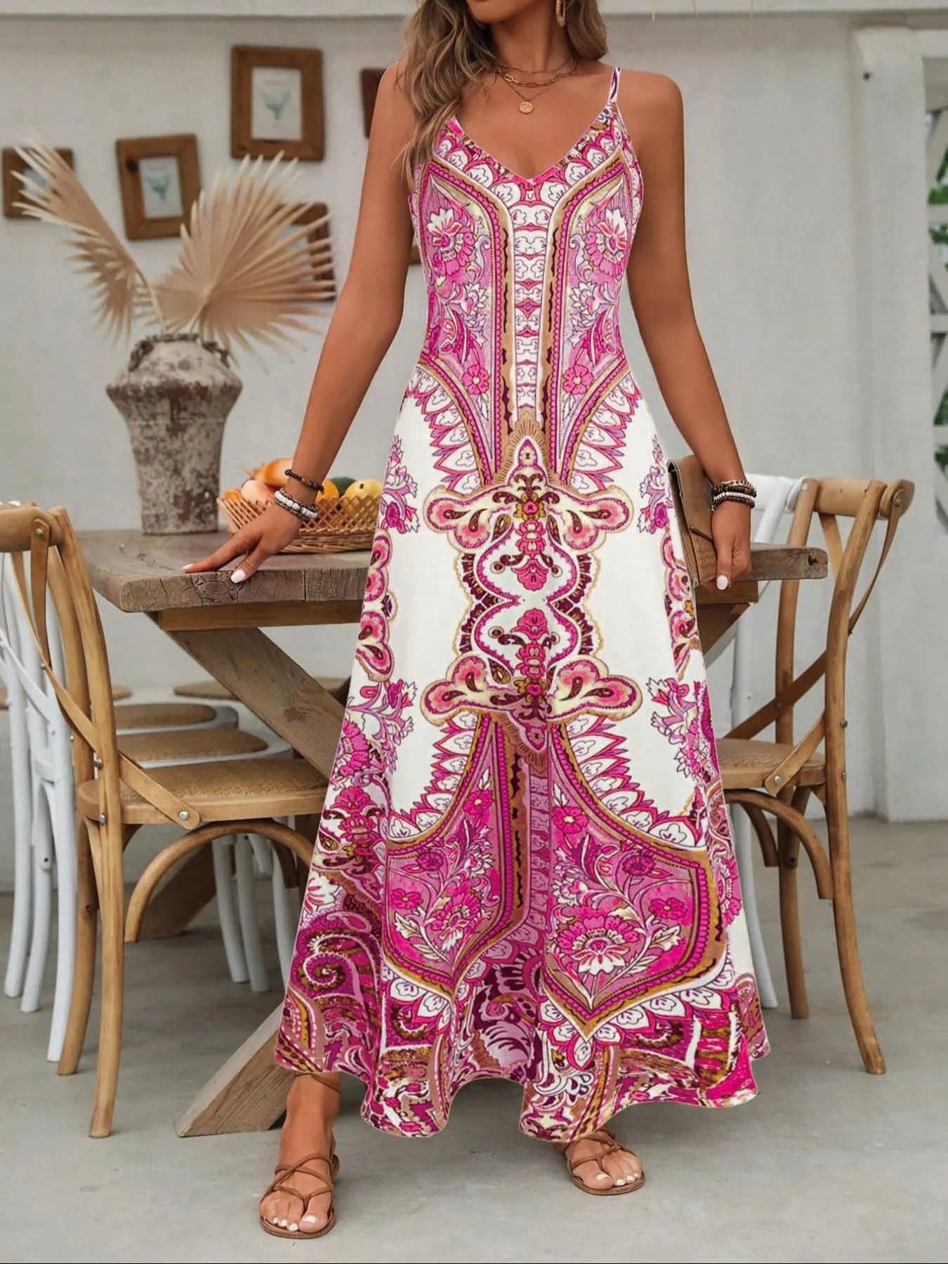 Women's Vintage Floral Print Spaghetti Strap Dress