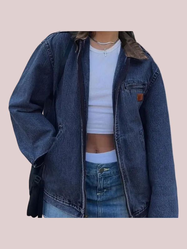Women's Vintage Contrast Collar Zip Up Jacket