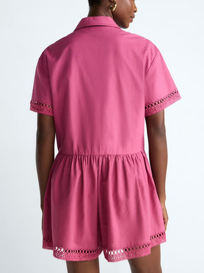 Women's Lace Panel Shirt Collar Romper