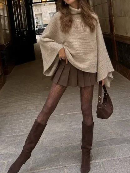Women's Turtleneck Batwing Sleeve Knit Poncho Sweater