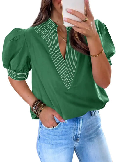 Women Contrast Stitch Stand Collar Puff Sleeve Casual Blouse