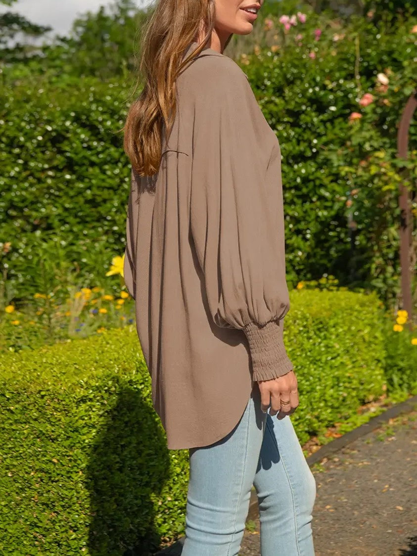 Women's Oversized Smocked‑Cuff Button‑Down Shirt