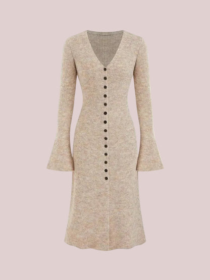 Women's V Neck Flare Sleeve Button Front Knit Midi Dress