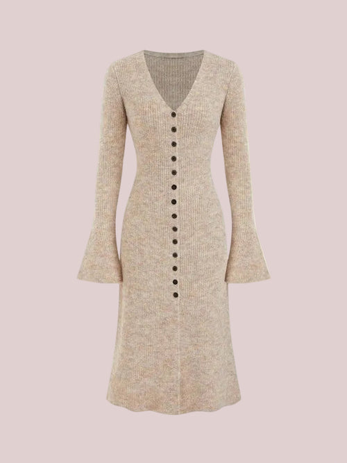 Women's V Neck Flare Sleeve Button Front Knit Midi Dress