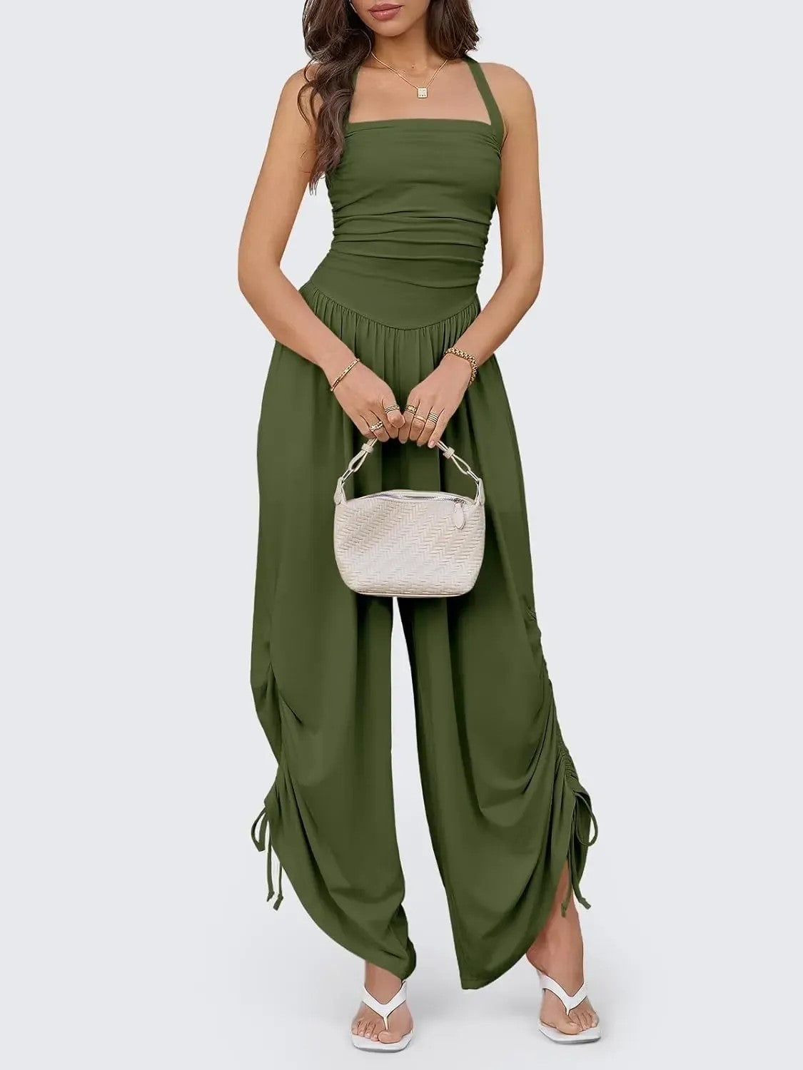 Women's Halter Ruched Wide Leg Jumpsuit