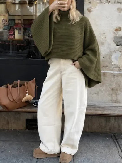 Women's Turtleneck Batwing Sleeve Knit Poncho Sweater