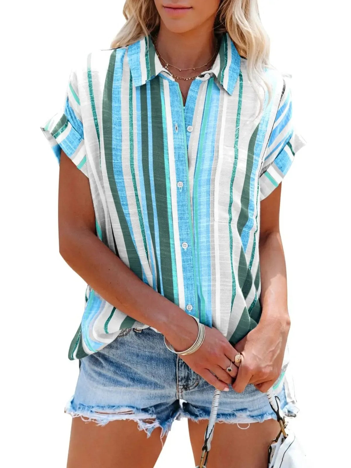 Women's Coastal Stripe Short Sleeve Button Shirt