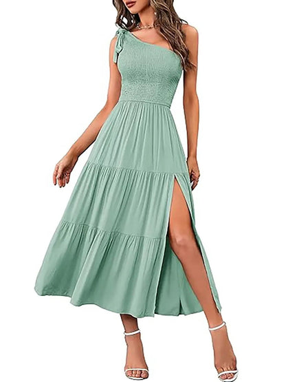 Bohemian Flowy Smocked Side Split Midi Dress