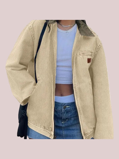 Women's Vintage Contrast Collar Zip Up Jacket