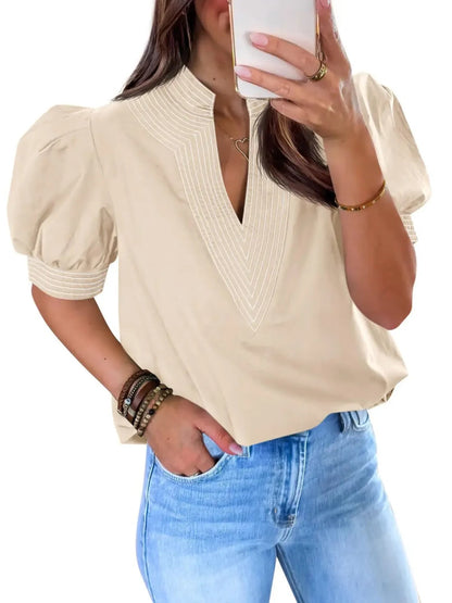 Women Contrast Stitch Stand Collar Puff Sleeve Casual Blouse