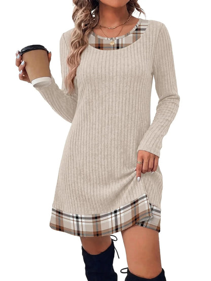Women's Knit Textured Contrast Collar Tunic Dress