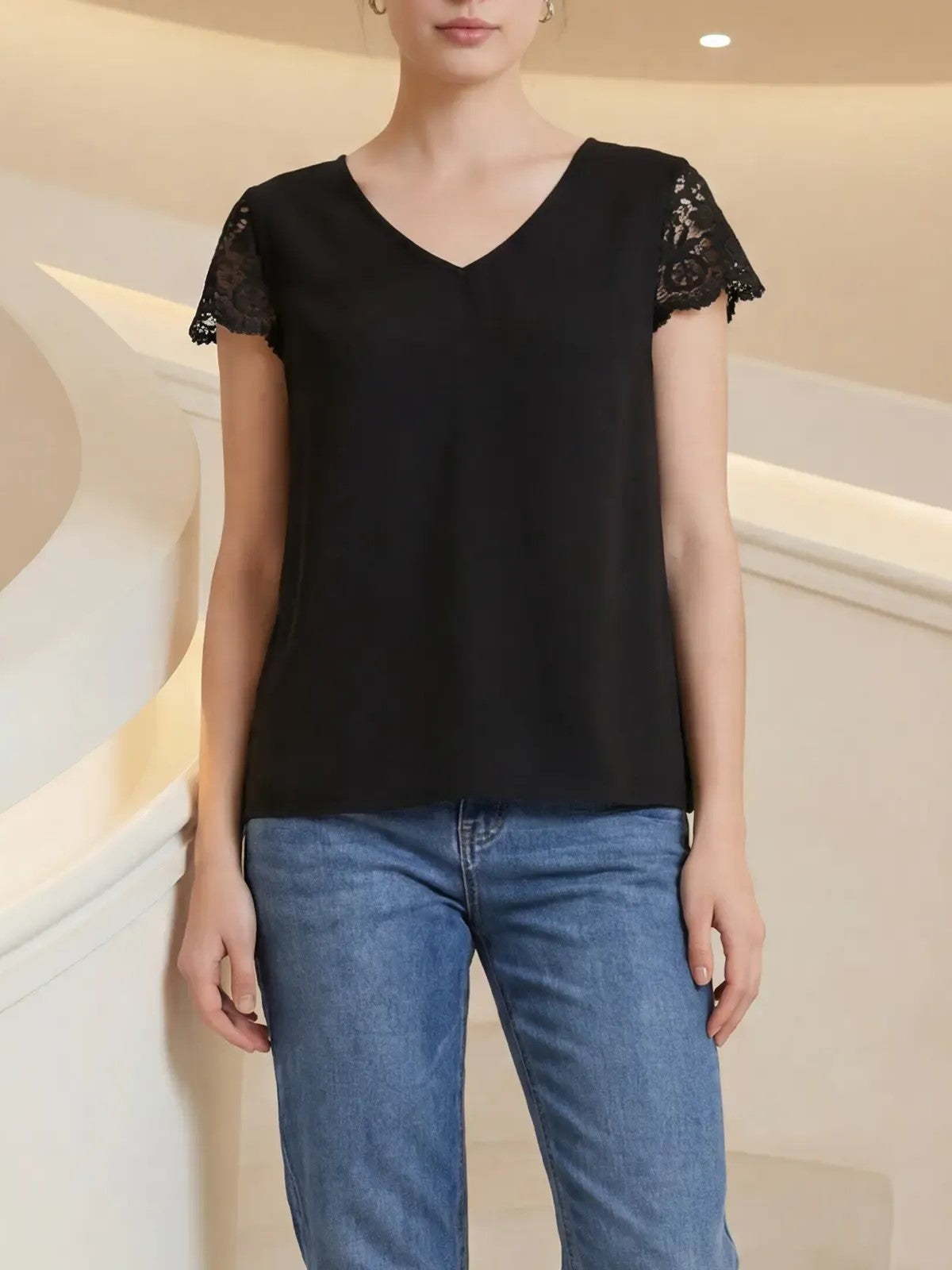 Women's Hollow Out Lace Sleeve Tee