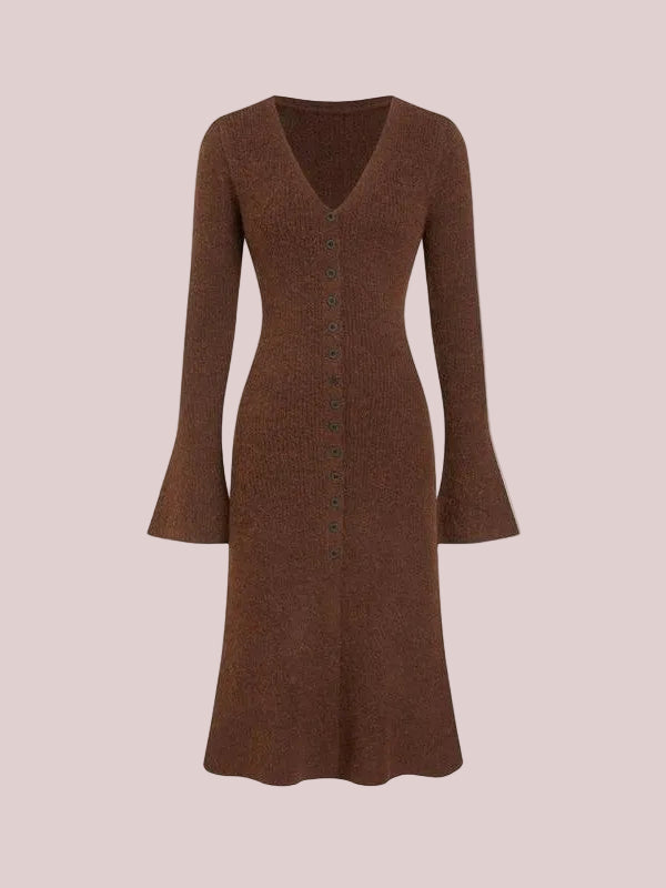 Women's V Neck Flare Sleeve Button Front Knit Midi Dress