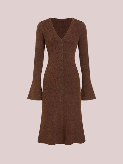 Women's V Neck Flare Sleeve Button Front Knit Midi Dress