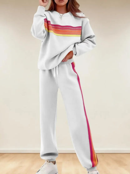 Women's Retro Striped Long Sleeve Sweat Top & Jogger Pants Two‑Piece Set