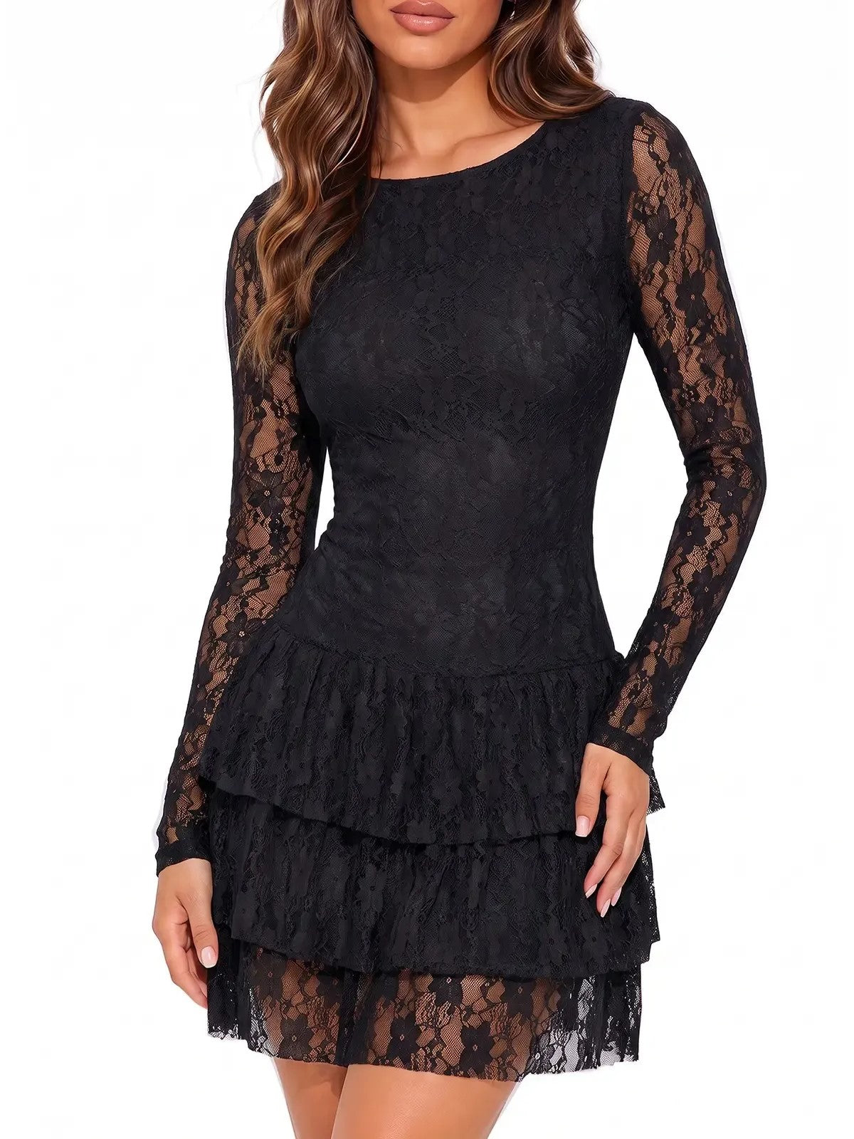 Women's Elegant Lace Long Sleeve Fitted Mini Dress