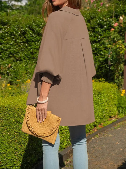 Women's Oversized Smocked‑Cuff Button‑Down Shirt