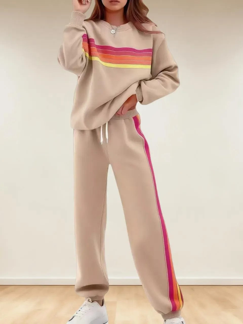 Women's Retro Striped Long Sleeve Sweat Top & Jogger Pants Two‑Piece Set
