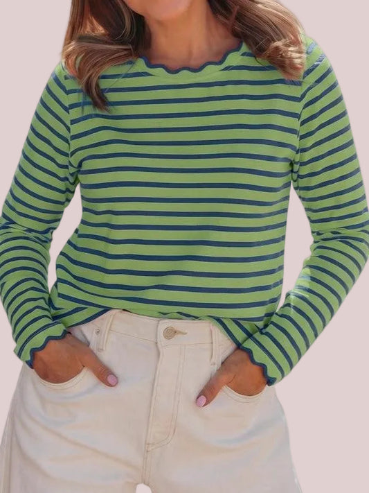 Women's Scallop Trim Striped Long Sleeve Top