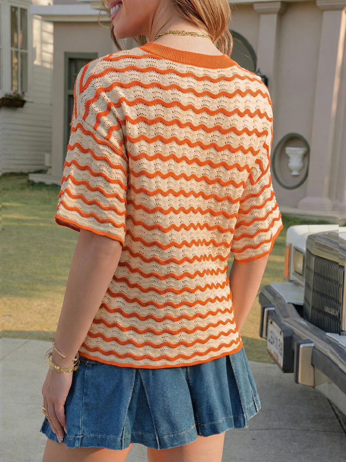 Women's Striped Oversized Tops Short Sleeve Loose Fit Color Block T-Shirts
