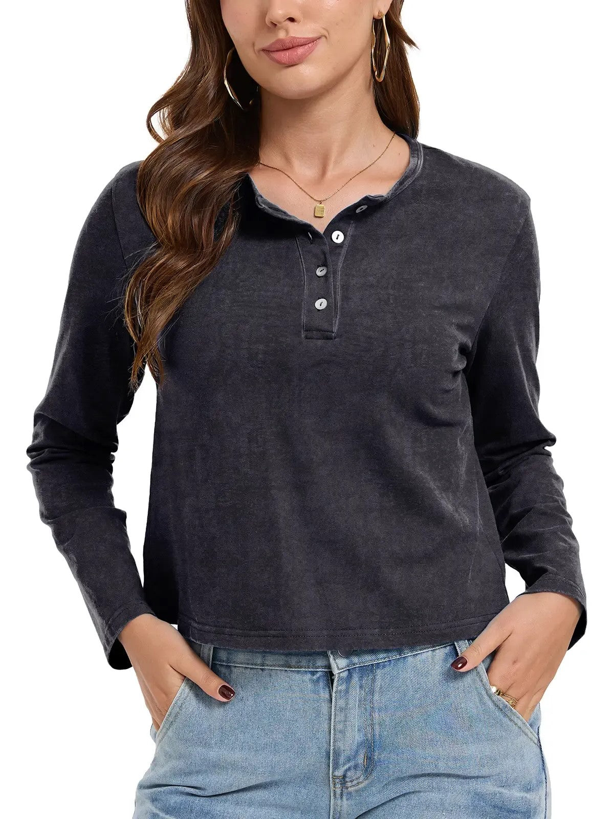 Women's Henley Neck Long Sleeve Cropped Top