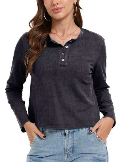 Women's Henley Neck Long Sleeve Cropped Top