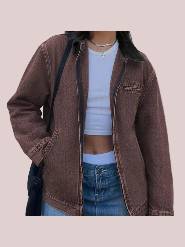 Women's Vintage Contrast Collar Zip Up Jacket