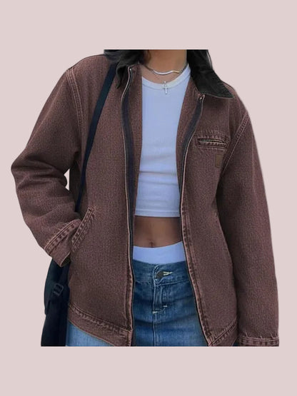 Women's Vintage Contrast Collar Zip Up Jacket