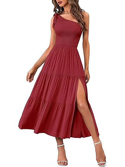 Bohemian Flowy Smocked Side Split Midi Dress