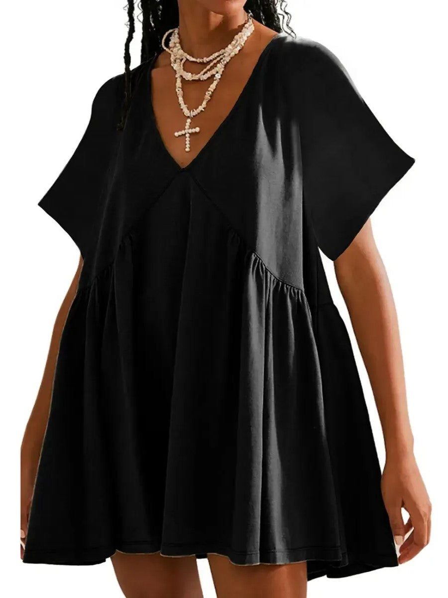 Women's V Neck Flowy Mini Babydoll Dress