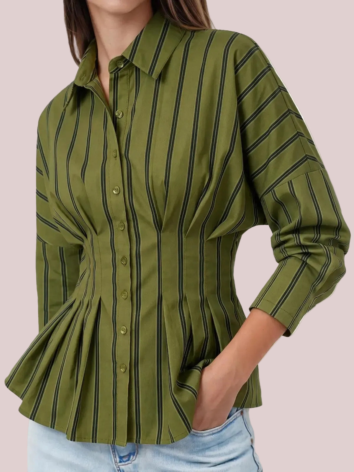 Women's Waist Pleated Striped Long Sleeve Shirt