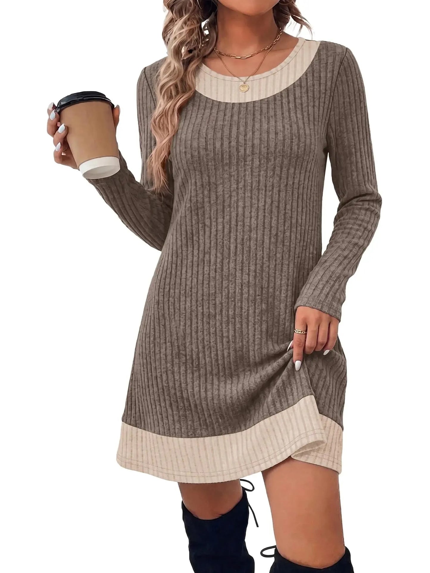 Women's Knit Textured Contrast Collar Tunic Dress