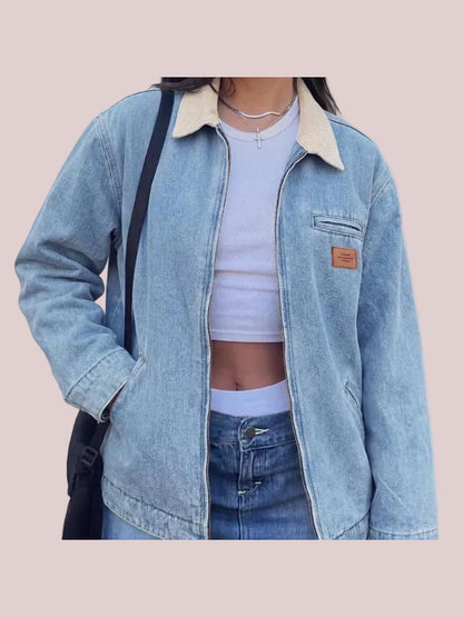 Women's Vintage Contrast Collar Zip Up Jacket